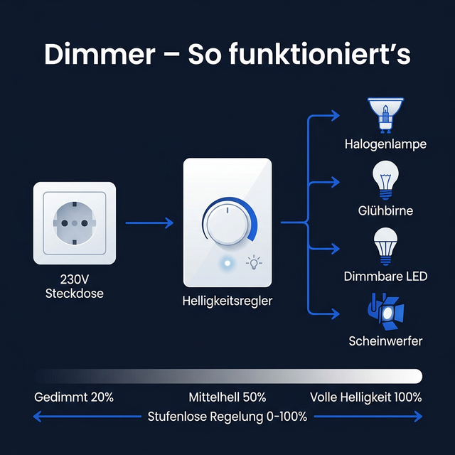 Infografik: So funktioniert ein Dimmer – stufenlose Helligkeitsregelung von 0 bis 100 % für Halogenlampen, Glühbirnen, dimmbare LEDs und Scheinwerfer