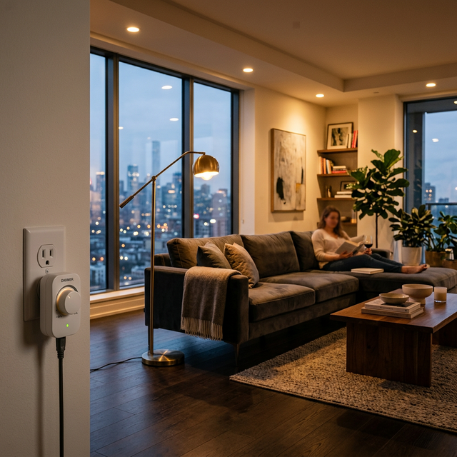 Modernes Wohnzimmer mit gedimmtem Stimmungslicht – Voltado Steckdosen-Dimmer sorgt für warme Atmosphäre am Abend