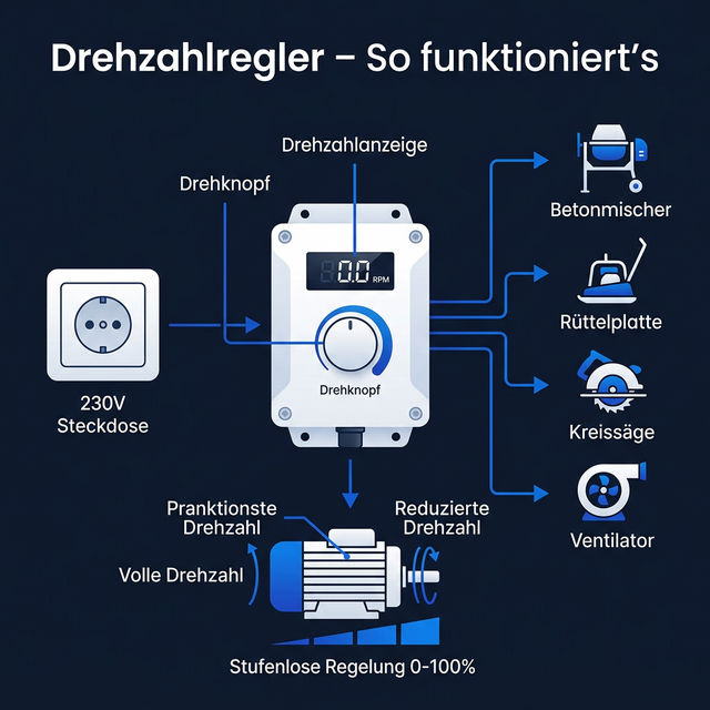 Infografik: So funktioniert ein Drehzahlregler 230V – stufenlose Motordrehzahlregelung für Betonmischer, Rüttelplatte, Kreissäge und Ventilator