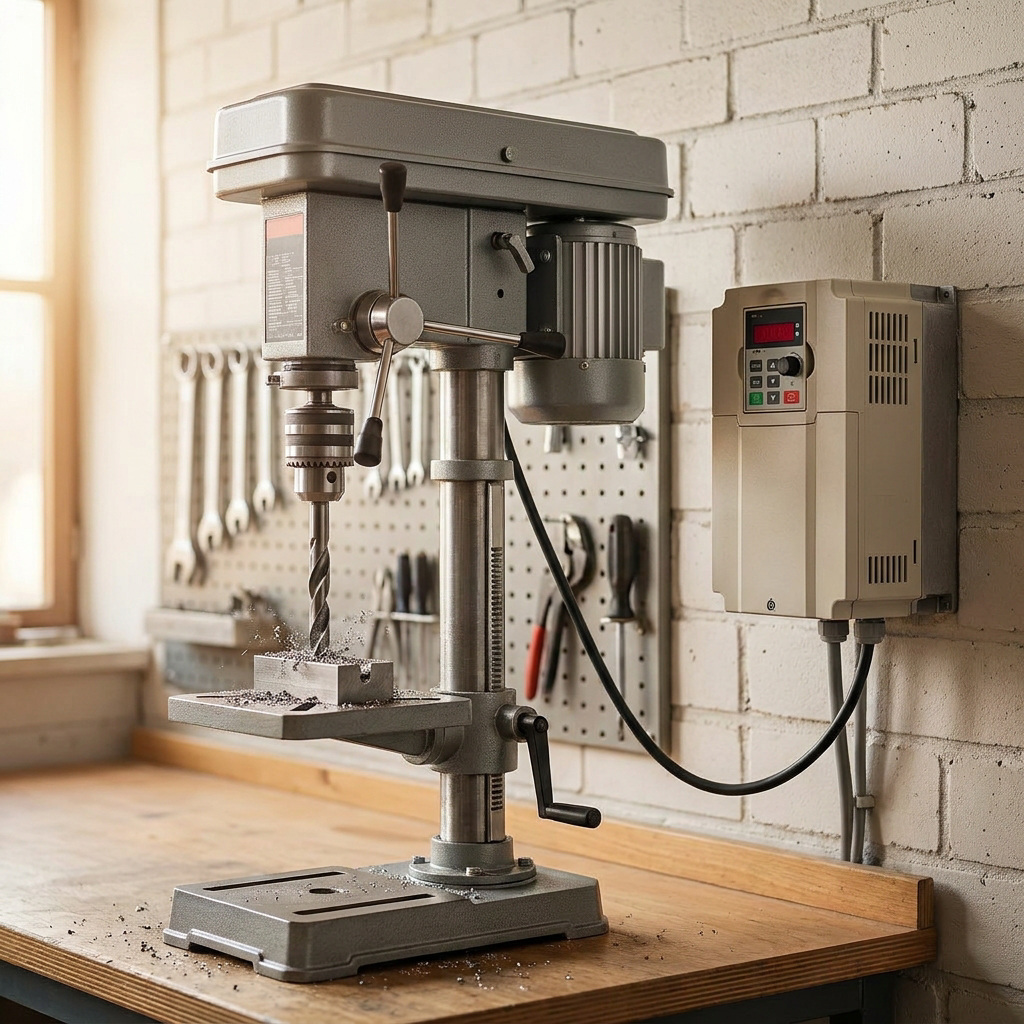 Ständerbohrmaschine mit wandmontiertem Voltado Frequenzumrichter 230V in der Werkstatt – stufenlose Drehzahlregelung für kraftvolles Bohren auch bei niedriger Drehzahl