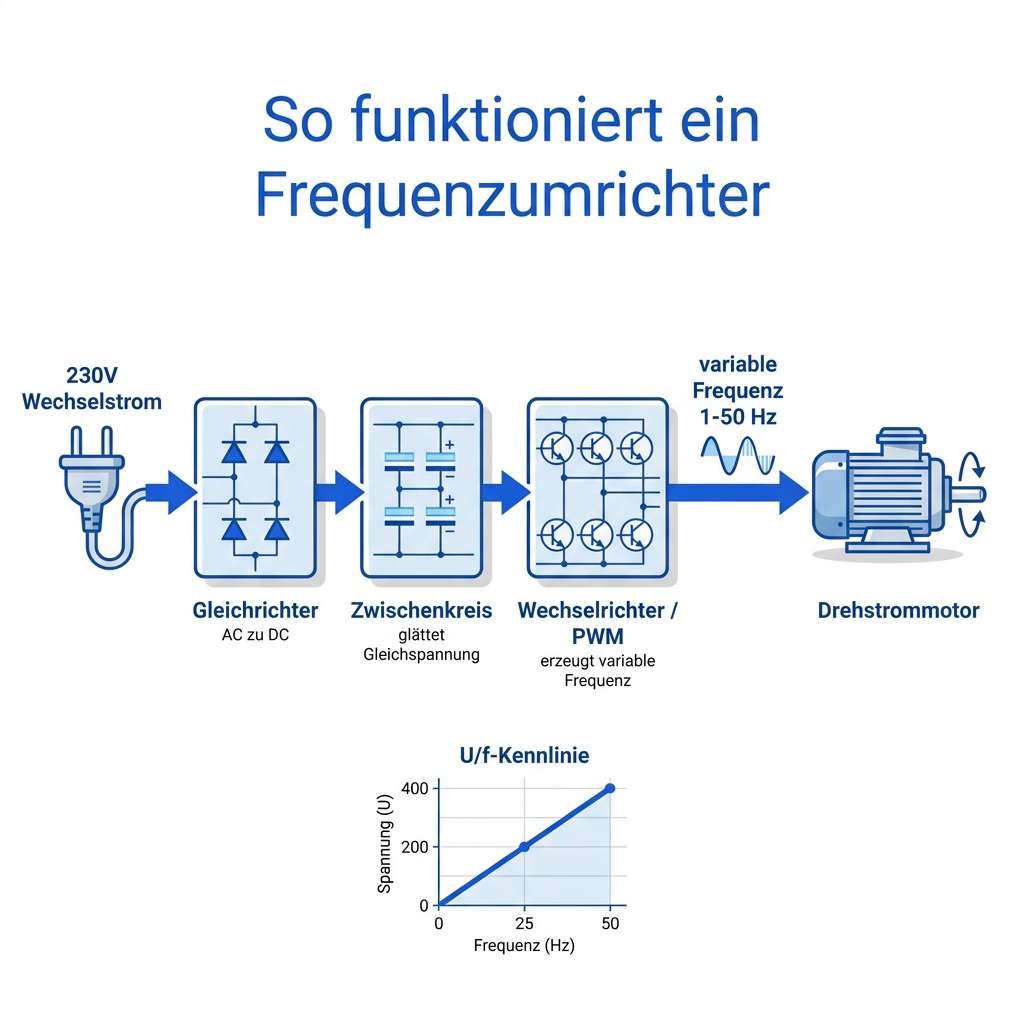 Infografik: So funktioniert ein Frequenzumrichter – Gleichrichter, Zwischenkreis und Wechselrichter (PWM) erzeugen aus 230V eine variable Frequenz von 1 bis 50 Hz für die stufenlose Drehzahlregelung von Motoren