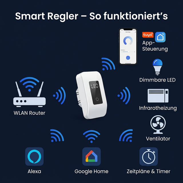 Infografik: So funktioniert ein Smart Regler – WLAN-Steuerung per App, Alexa und Google Home für dimmbare LEDs, Infrarotheizungen und Ventilatoren