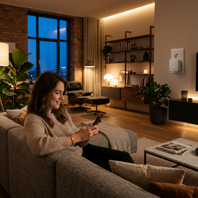 Frau steuert gedimmtes Wohnzimmerlicht per Smartphone-App über einen Voltado Smart Regler – intelligente Beleuchtungssteuerung per WLAN