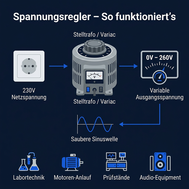 Infografik: So funktioniert ein Spannungsregler (Stelltrafo/Variac) – variable Ausgangsspannung von 0V bis 260V mit sauberer Sinuswelle für Labortechnik, Motoren-Anlauf und Prüfstände