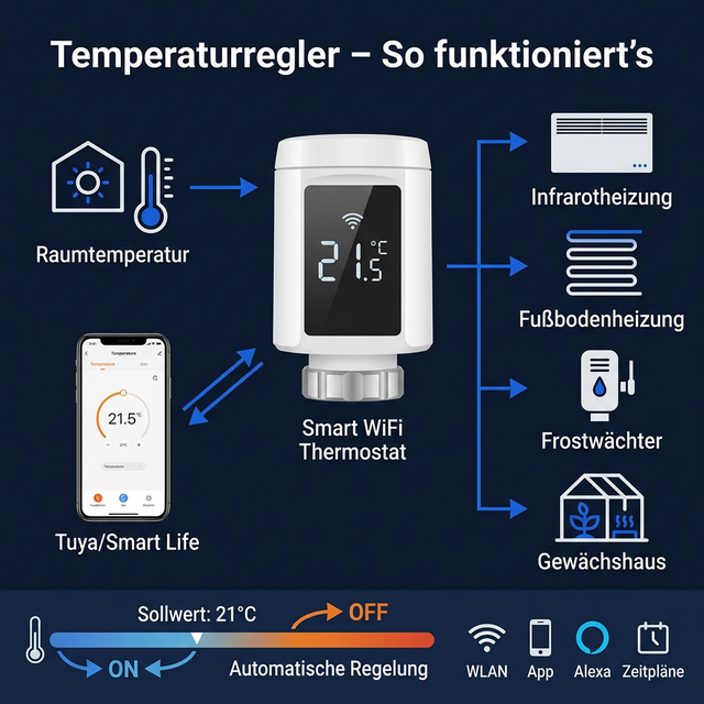 Infografik: So funktioniert ein Temperaturregler – Smart WiFi Thermostat misst Raumtemperatur und steuert automatisch Infrarotheizung, Fußbodenheizung und Frostwächter per WLAN, App und Alexa
