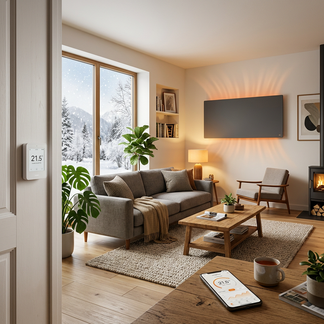 Modernes Wohnzimmer im Winter mit wandmontiertem Voltado Smart WiFi Thermostat bei 21,5°C und Infrarotheizpaneel – intelligente Temperaturregelung per App